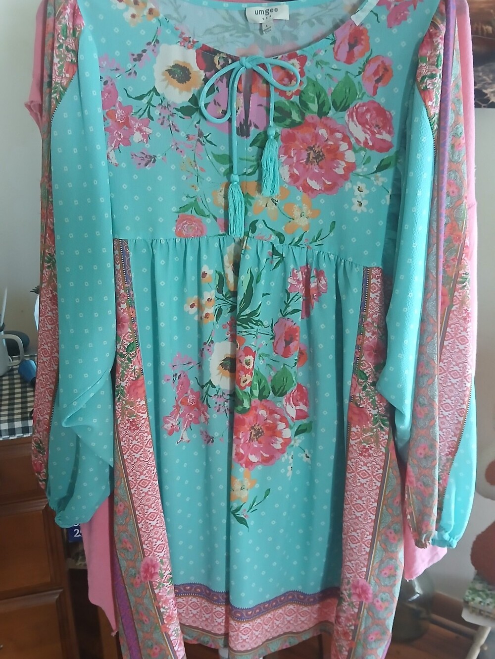 Umgee Aqua Floral Tassel Boho Tunic